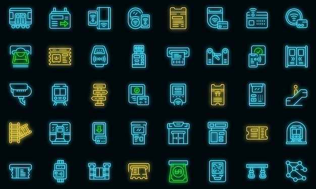 Symbol für den U-Bahn-Fahrkartenautomaten. Umriss U-Bahn-Fahrkartenautomat Vektorsymbol Neonfarbe auf Schwarz