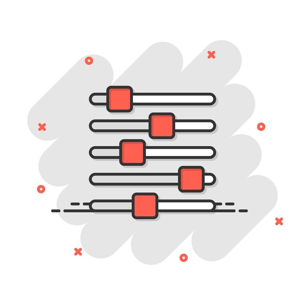 Symbol für die lautstärkeregelung im comic-stil audio-anpassung cartoon-zeichen-vektor-illustration auf weißem, isoliertem hintergrund filter-splash-effekt-geschäftskonzept