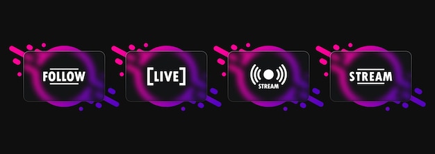 Symbol für die live-stream-schaltfläche. glasmorphismus-stil. folgen schaltfläche. social-media-konzept. vektor-eps 10. isoliert auf weißem hintergrund
