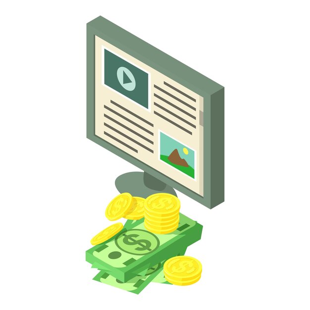 Symbol für die Monetarisierung von Inhalten Isometrische Darstellung des Vektorsymbols für die Monetarisierung von Inhalten für das Web