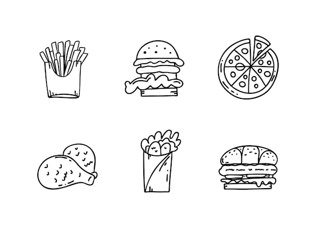 Symbol für fast-food-linie vektor handgezeichnetes set zum mitnehmen umrissene pizza-burger-sandwich-rolle pommes frites hähnchenschenkel cartoon-stil