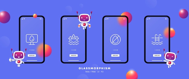 Symbol für wasserset schwimmen sie im teich wassertropfen warnschild computertreppe verdunstung naturkonzept glasmorphismus ui-telefon-app-bildschirme mit robotern vektorliniensymbol für unternehmen und werbung