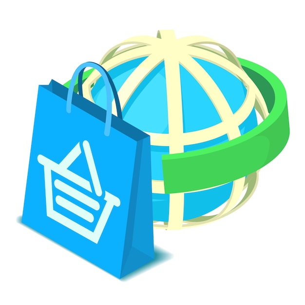 Vektor symbol für weltweite lieferung, isometrischer vektor einkaufstasche auf globus-rasterhintergrund internationale lieferung weltweites logistisches e-commerce-geschäft