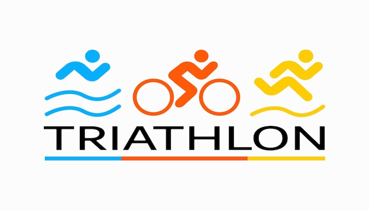 Vektor symbol zum thema sporttriathlon silhouetten von sportlern, schwimmern, radfahrern, läufern