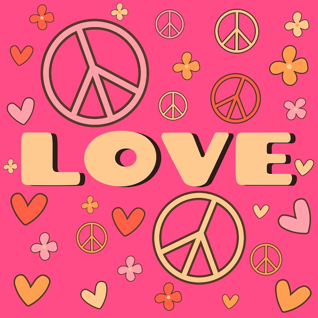 Symbolaufkleber im hippiestil mit text liebe und blumenherzen