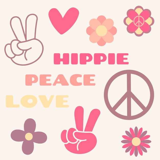 Vektor symbolaufkleber im hippie-stil mit text love peace hippie und herzen siegeszeichen blumen im retro-stilx9