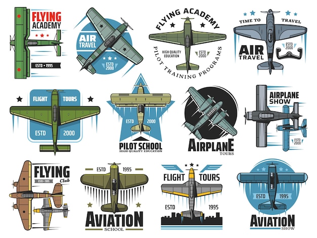 Vektor symbole der flugschule. vintage-flugzeug, das in den himmel fliegt, flugzeugflugschule und verkehrspilot