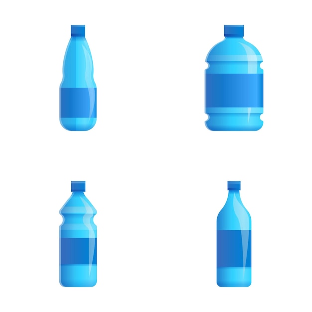 Vektor symbole für abgefülltes wasser setzen cartoon-vektor. reines trinkwasser in plastikbehältern. getränk trinken