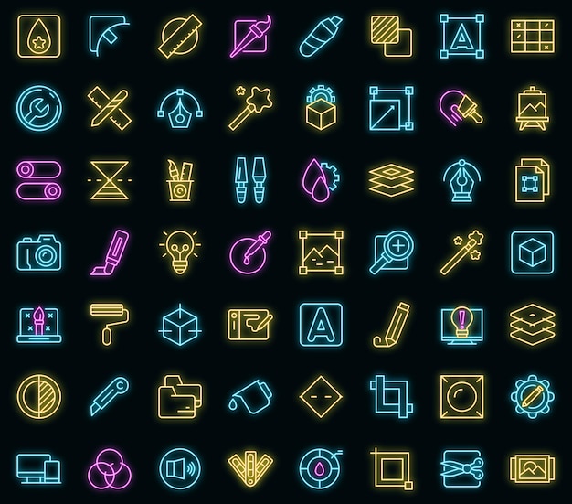 Symbole für bearbeitungswerkzeuge stellen umrissvektor ein video erstellen vektorneon