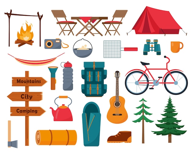 Vektor symbole für camping- und wanderausrüstung für sportabenteuer und tourismus