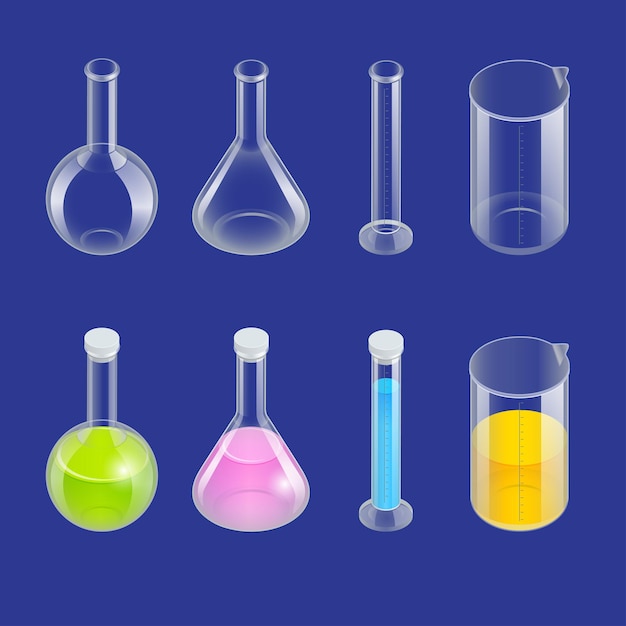 Symbole für chemische Reagenzgläser festgelegt. Erlenmeyerkolben, Destillierkolben, Messkolben, Reagenzglas. Chemische Laborgeräte isoliert. Experimentierflaschen für wissenschaftliche Experimente. Isometrischer 3D-Vektor.
