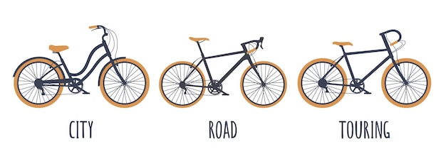 Symbole für den Fahrradtyp eingestellt City Road Touring Schwarz-orange Vektorgrafik