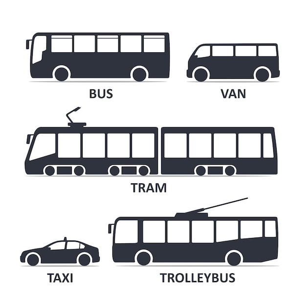 Vektor symbole für den öffentlichen nahverkehr festgelegt. bus, van, straßenbahn, taxi, trolleybus.