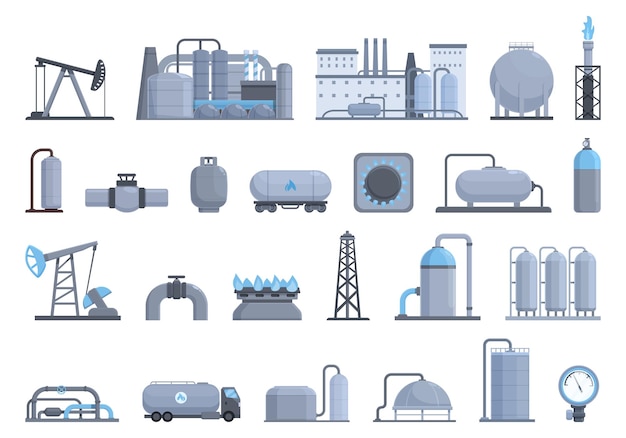 Symbole für die Gasproduktion setzen Cartoon-Vektor Pipeline-Rig