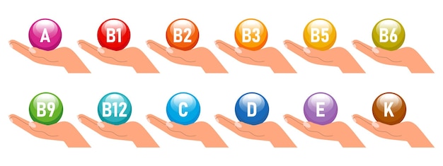 Vektor symbole für die vitamin- und mineralstoffernährung festgelegt. das konzept des gesundheitswesens und der medizin. gesundes essen