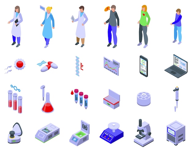 Symbole für genetische berater setzen isometrische vektorforschung. medizinische forschung