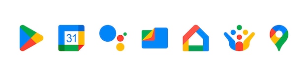 Symbole für Google-Dienste festgelegt. Google Play, Kalender, Karten, Assistent, Dateien, Startseite, Crowdsourcing-Symbol.