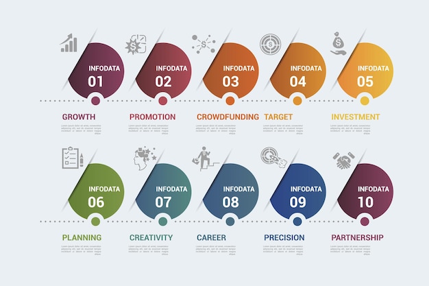 Symbole für Infografik-Startvorlagen in verschiedenen Farben beinhalten Partnerschaftspräzisionskarriere