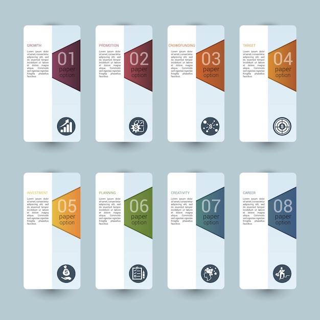 Symbole für infografik-startvorlagen in verschiedenen farben