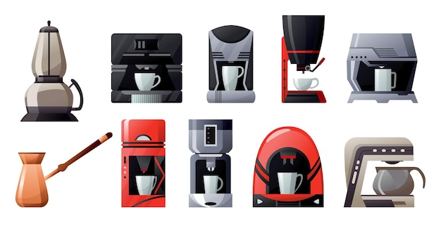Symbole für Kaffeemaschinen eingestellt Küchenzubehör für die Zubereitung eines Getränks Isolierte elektronische Geräte