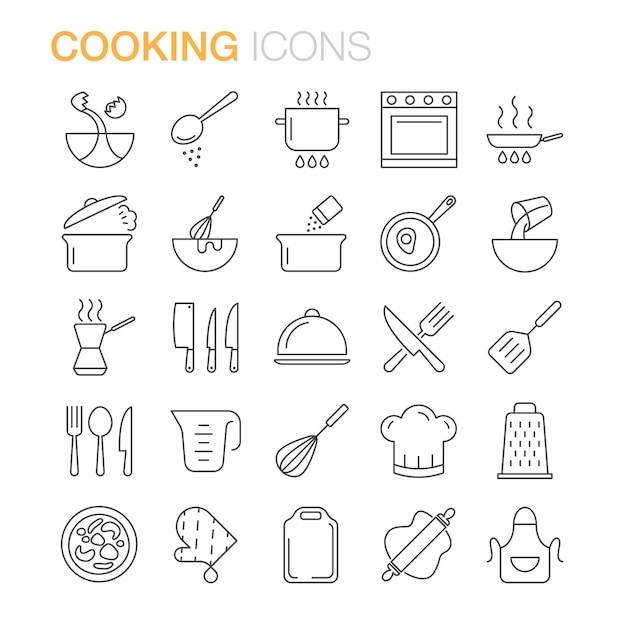 Vektor symbole für kochutensilien gesetzt. küchenutensilien für die zubereitung von speisen. küchengeräte. messer, stahlpfanne, bratpfanne