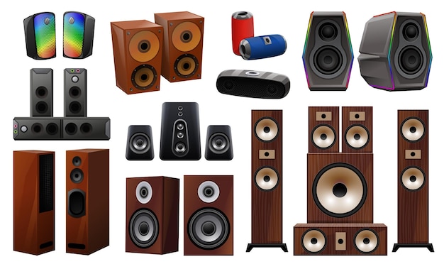Symbole für stereosysteme setzen cartoon-vektor subwoofer-lautsprecher große stereoanlage