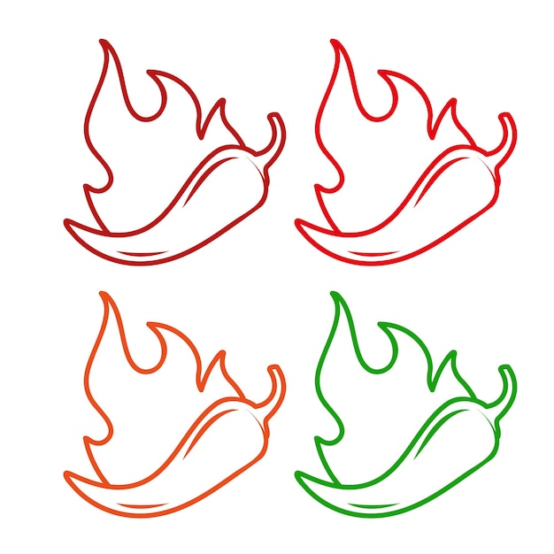 Vektor symbole mit chili-pfeffer-gewürzstufen. peperoni-schild mit feuerflamme zum verpacken von scharfem essen. aufkleber für milde, mittlere und extra scharfe paprikasauce. vektor-illustration.