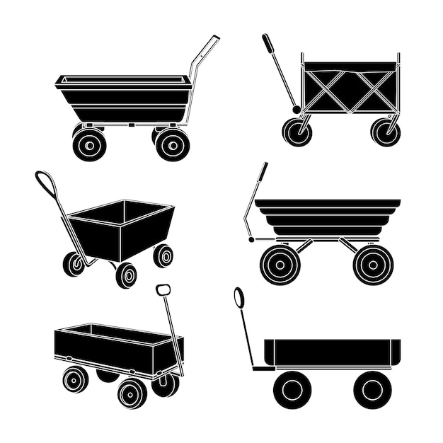 Vektor symbole von karren für die gartenarbeit einfache silhouette schubkarren-symbole bau- und baumärkte