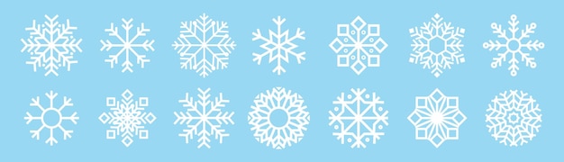 Symbolsammlung für Schneeflockenvariationen. Schneezeichen. Frost-Winter-Hintergrund. Weißes Eis der Schneeflocken.