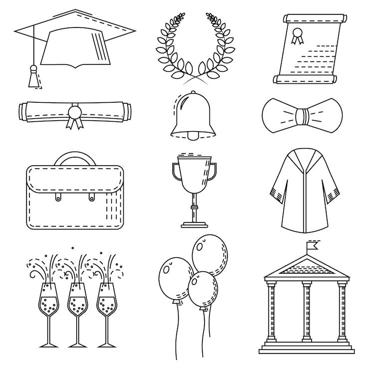 Vektor symbolsatz der abschlussfeier. abschluss-tag. vektor. illustration