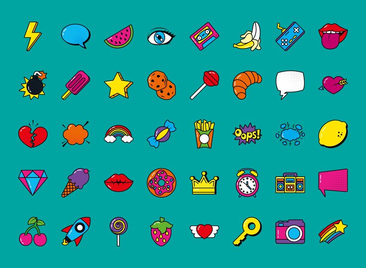 Vektor symbolsatz der pop-art-elemente über türkisfarbenem hintergrund