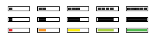 Vektor symbolsatz für die ladeleiste. fortschrittsstatussymbol herunterladen. upload-geschwindigkeit, interface-loader-anmeldung im vektor