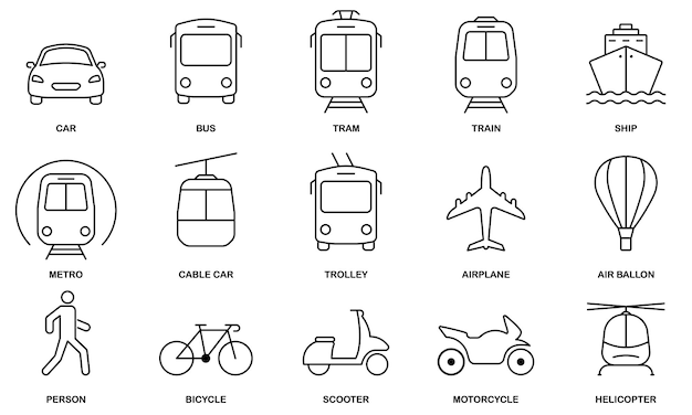 Symbolsatz für die transportlinie öpnv-station lineares symbol fahrzeug luft-eisenbahn-transport