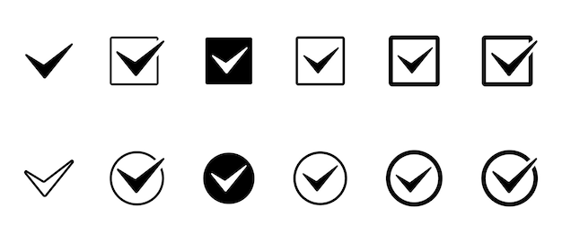 Symbolsatz für Häkchen Quadrat- und Kreisform Flache Vektorgrafiken