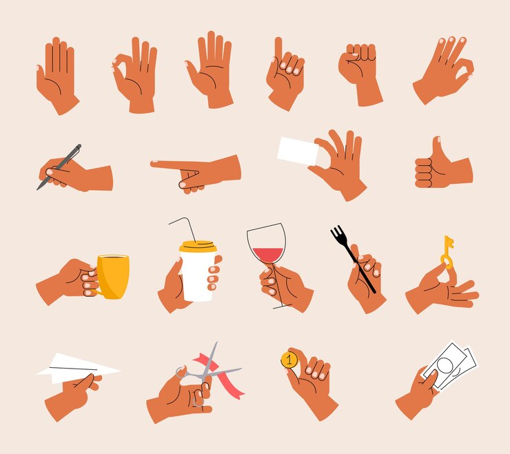 Vektor symbolsatz für handgesten cartoon menschliche handflächen positionen