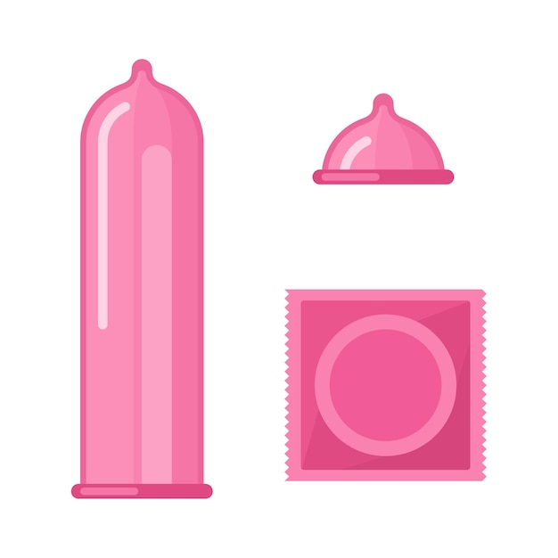 Symbolsatz für Kondome und Pakete isoliert auf weißem Hintergrund Versiegelte und offene Latexkondome Verhütungsmethode für sicheren Sex Vektorillustration des sexuellen Schutzes