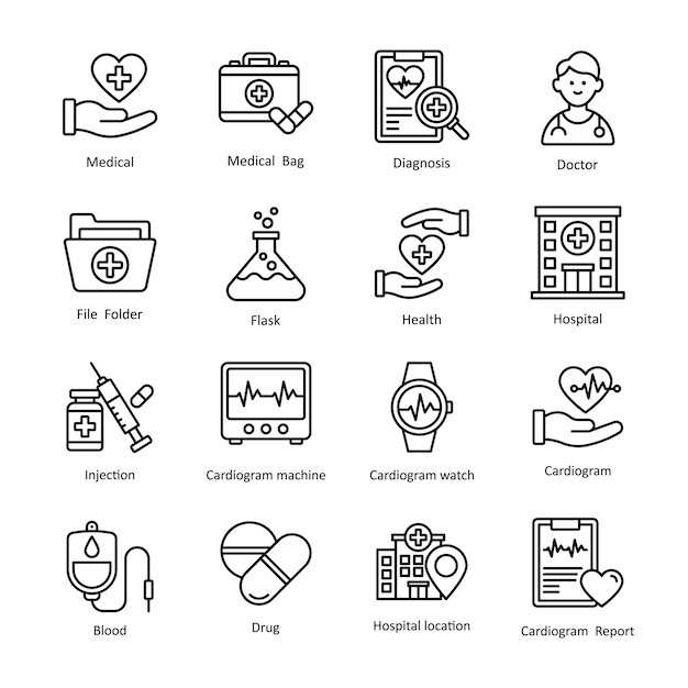 Symbolsatz für medizinische vektorumrisse 1