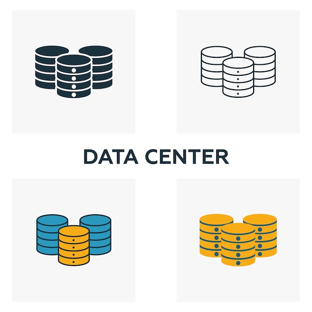 Symbolsatz für Rechenzentrum Vier Elemente in verschiedenen Stilen aus der Sammlung von Big-Data-Symbolen Kreative Symbole für Rechenzentren füllten Umrisse mit farbigen und flachen Symbolen