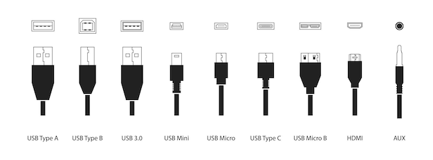 Symbolsatz für schwarze Kabel USB Typ A Typ B Typ C 30 Micro Mini Micro B AUX HDMI Vector EPS 10