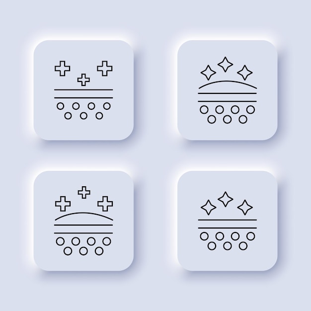Symbolsatz Hautwiederherstellung auf weißem Hintergrund Feuchtigkeitsspendende koreanische Kosmetik Kosmetologie Gesichtshautstiftung Hautpflegekonzept Neomorphismus-Stil Vektorliniensymbol für Wirtschaft und Werbung