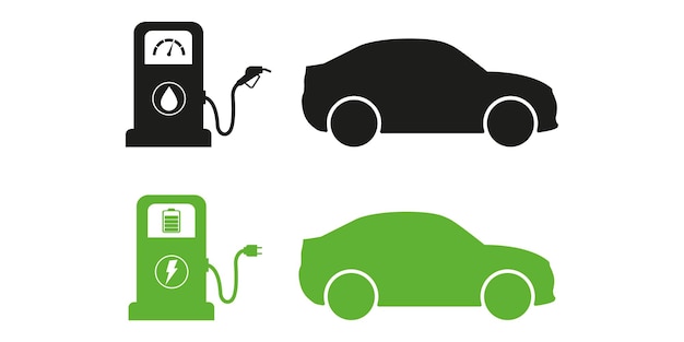 Symbolvektor für kraftstoffpumpenstation und elektrische ladestation. vektorsymbol isoliert auf weißem hintergrund