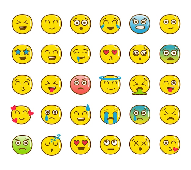 Symbolvektorsatz von Emoji oder Emoticon mit unterschiedlichem Ausdruck und Umrissfarbstil