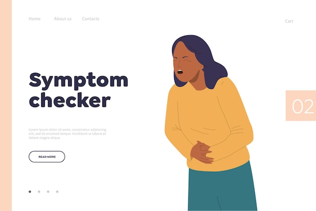 Symptom checker online-medizinische dienstleistung landing page design vorlage zur identifizierung von gesundheitsproblemen website vektor-illustration mit weiblicher zeichentrickfigur, die an magenschmerzen leidet, schmerzen fühlt