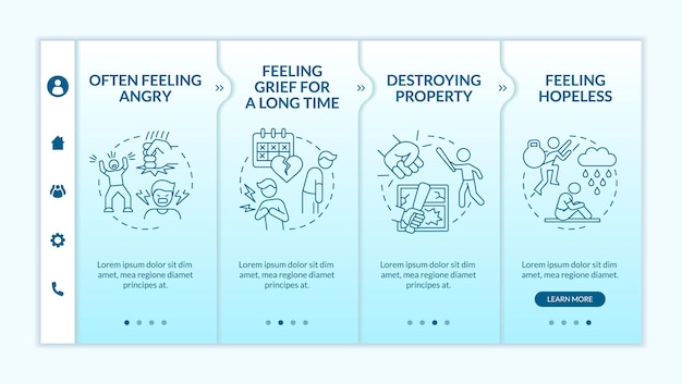 Symptome einer psychischen erkrankung bei teenagern onboarding-vorlage mit türkisfarbenem farbverlauf responsive mobile website mit linearen konzeptsymbolen webseiten-komplettlösung bildschirme mit 4 schritten latobold normale schriftarten werden verwendet