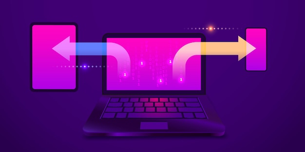 Synchronisierung von daten zwischen geräten laptop smartphone tablet auf ultraviolettem hintergrund