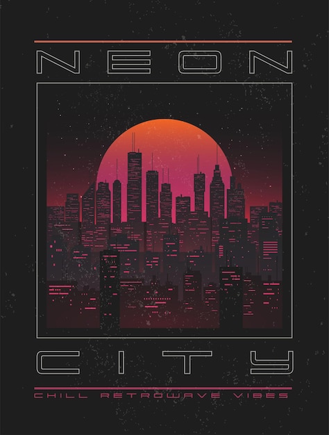 Synthwave vaporwave vintage neon nachtstadt sonnenuntergang landschaft landschaft poster oder kartendesign