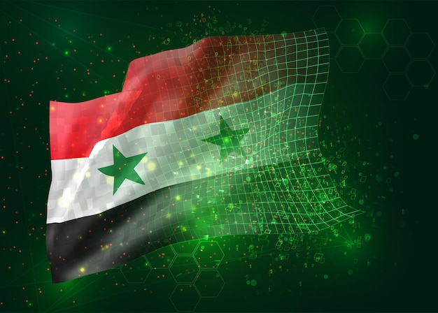 Syrien, auf Vektor-3D-Flagge auf grünem Hintergrund mit Polygonen und Datennummern