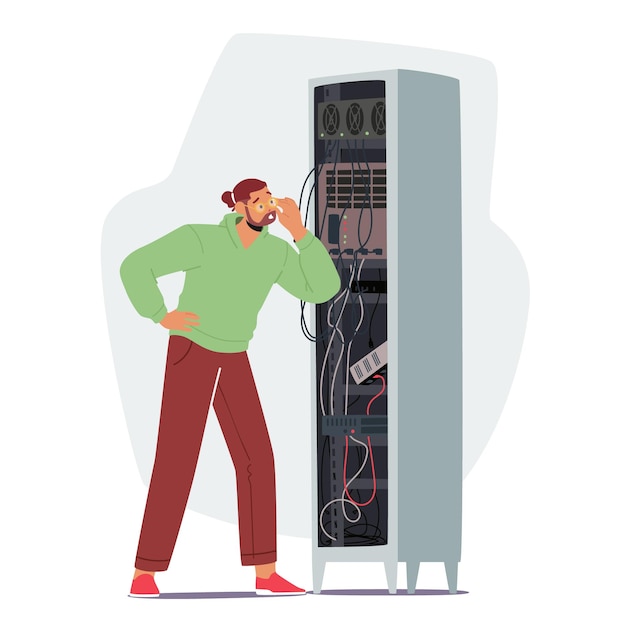 Sysadmin-männlicher Charakter, der Netzwerkverbindung repariert und anpasst Systemadministrator, der mit Server-Rack arbeitet