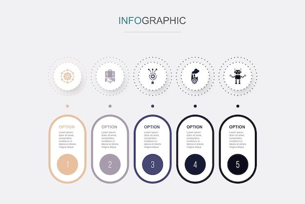 System geschäftsalgorithmus industrie robotik symbole infografik designvorlage kreatives konzept mit 5 schritten