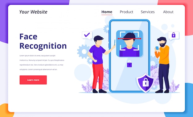 Systemkonzept der gesichtserkennungstechnologie. biometrische scanneridentifikation. landing page design-vorlage